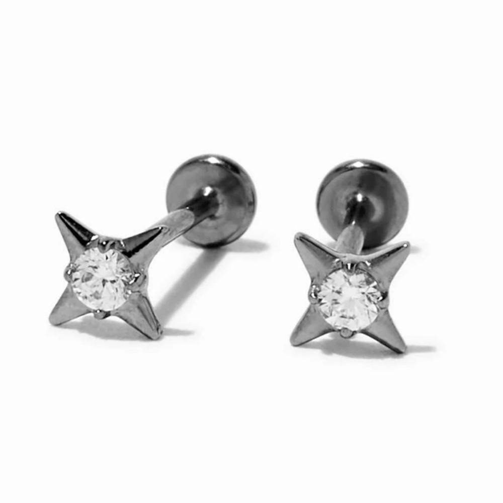 Silver-tone Titanium Cubic Zirconia Starburst Flat Back Stud Earrings